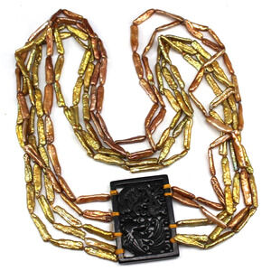 Rare 30" Bronze Biwa Stick Pearl Statement Necklace 2.5" Carved Black Nephrite